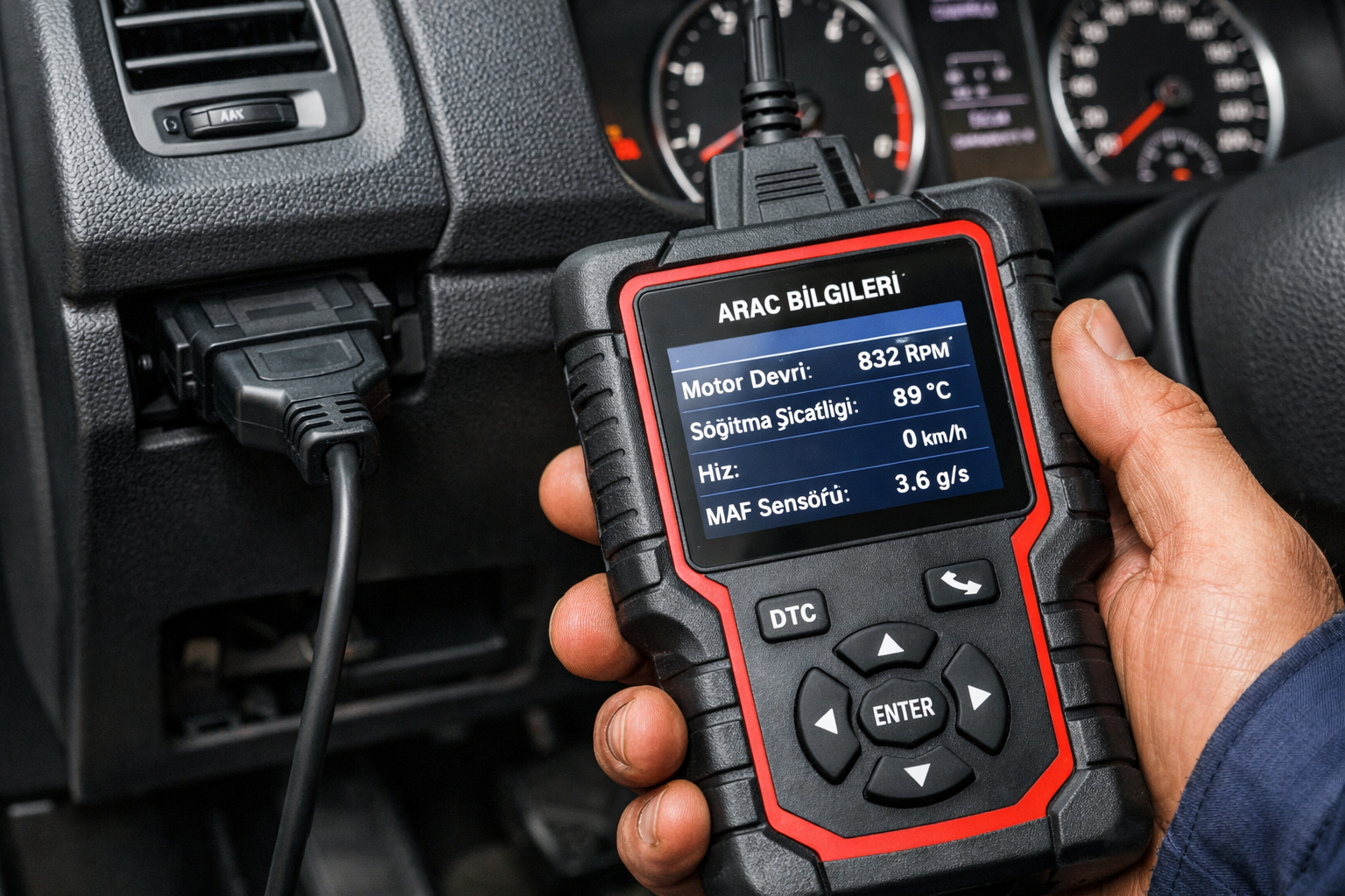 OBD diagnostik cihazi arac portuna bagli durumda