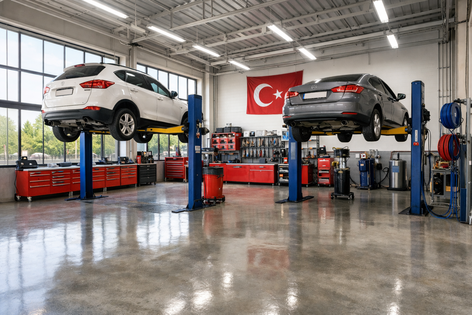 Duzenli ve aydinlik oto servis calisma alani